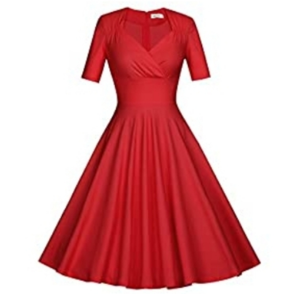 MUXXN 1950s Retro Short Sleeve Pleated Swing Dress Red size XL